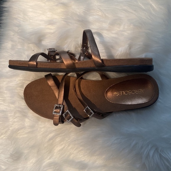 Aerosoles sandals size 7 strappy metallic bronze with rhinestone buckle trim NEW - Picture 2 of 4